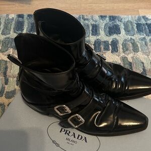 Prada Black Patent Leather Pointed Buckle Booties